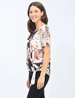 Beige And Black Printed Short Sleeve Tie-Front Round Neck Top By Froccella