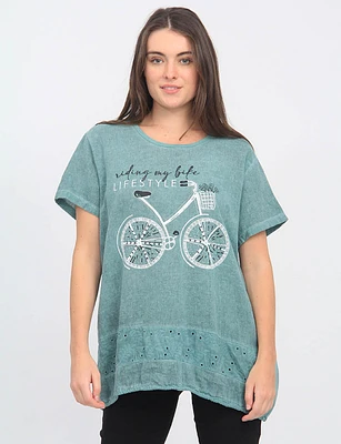 Linen Blend Bicycle Print Short Sleeve Rhinestones and Lace Top By Froccella