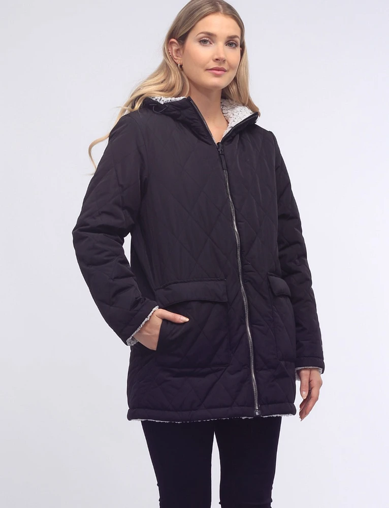 Water Resistent Quilted Reversible Sherpa Lined Hooded Jacket by Free Country