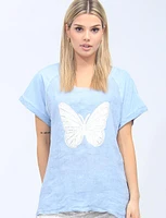 Butterfly Rhinestone Silver Stitching Linen Blend Loose Fit T-Shirt by Froccella