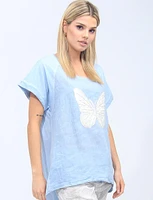 Butterfly Rhinestone Silver Stitching Linen Blend Loose Fit T-Shirt by Froccella