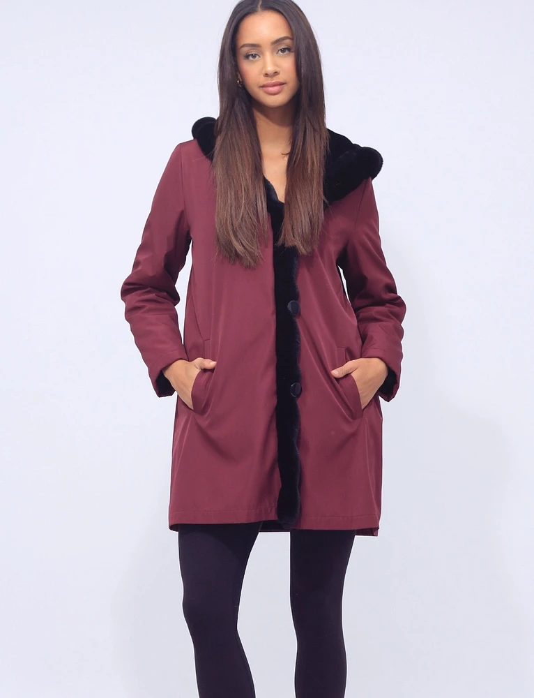 Vegan Hooded Ultra Soft Faux Fur Lining and Trim Jacket by Saki