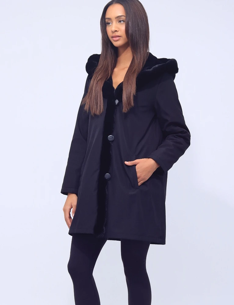 Vegan Hooded Ultra Soft Faux Fur Lining and Trim Jacket by Saki