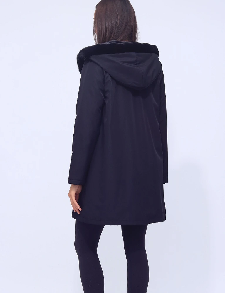 Vegan Hooded Ultra Soft Faux Fur Lining and Trim Jacket by Saki