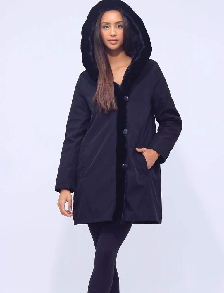 Vegan Hooded Ultra Soft Faux Fur Lining and Trim Jacket by Saki