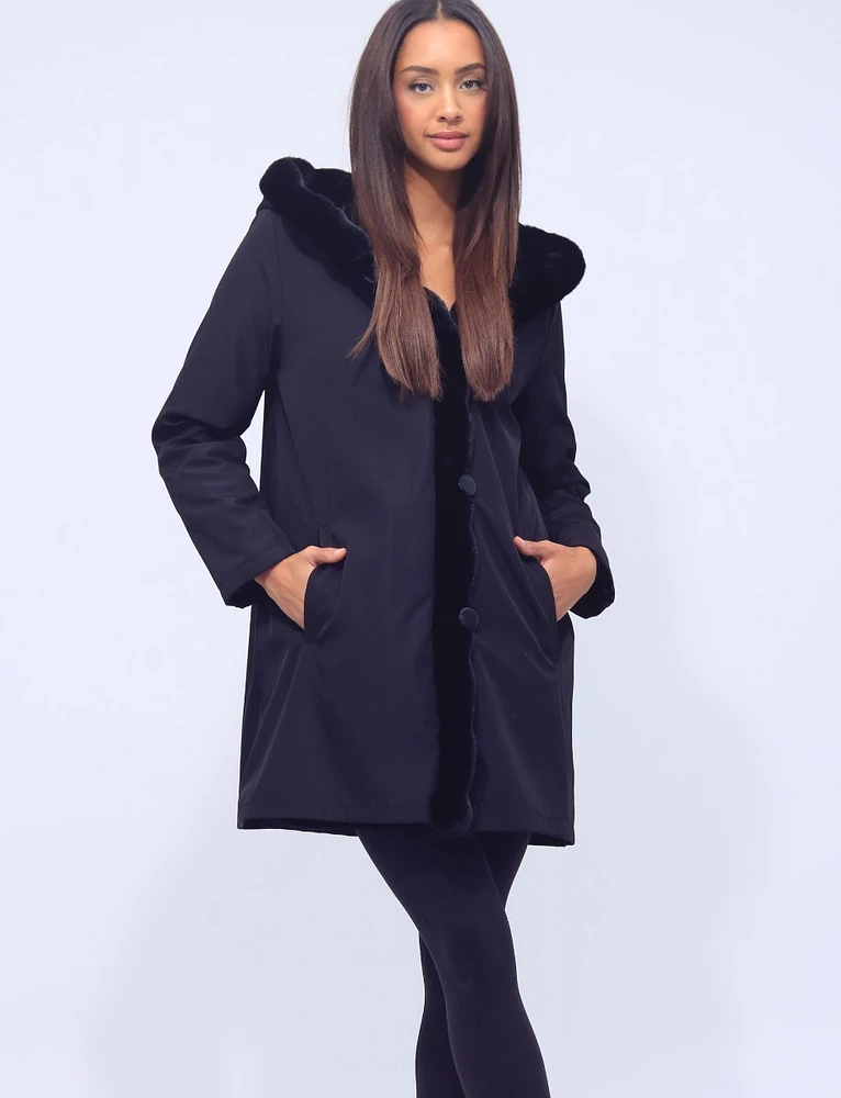 Vegan Hooded Ultra Soft Faux Fur Lining and Trim Jacket by Saki