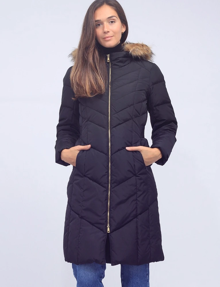 Down Zipper Front Hooded Jacket with Faux Fur Trim by Cole Haan