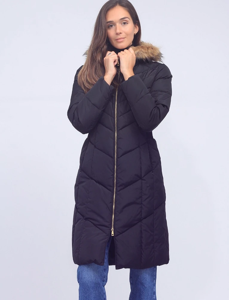 Down Zipper Front Hooded Jacket with Faux Fur Trim by Cole Haan