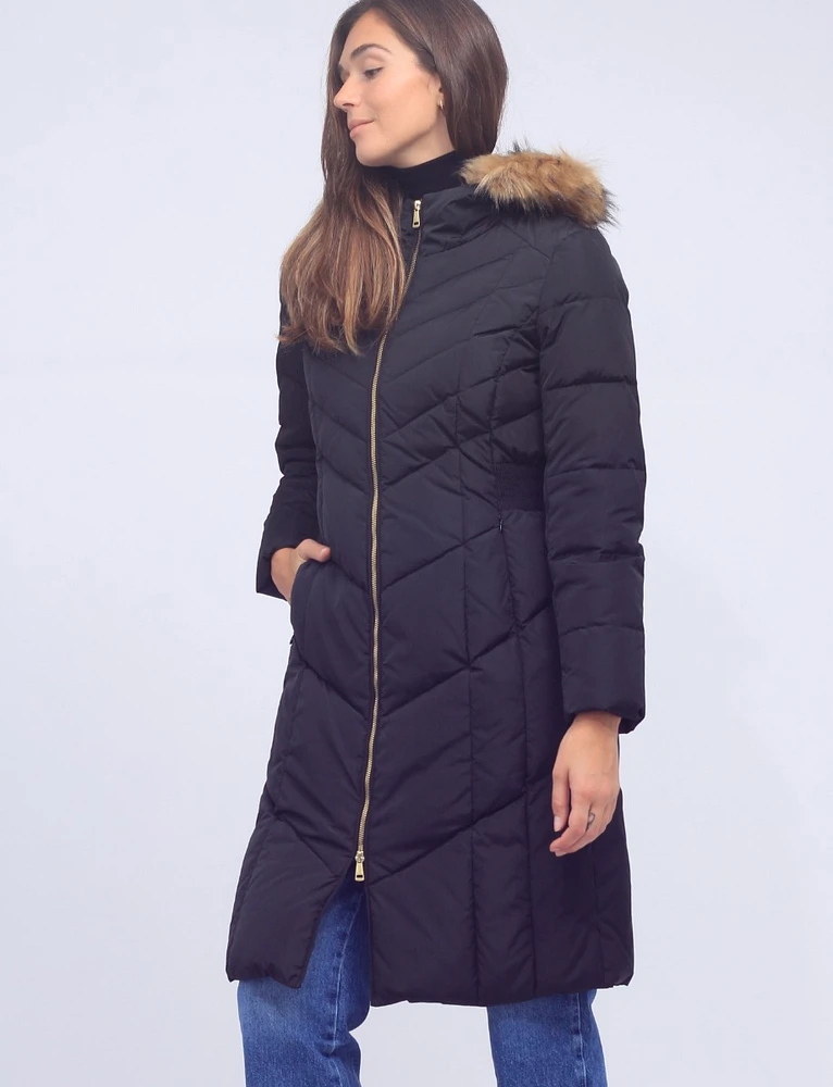 Down Zipper Front Hooded Jacket with Faux Fur Trim by Cole Haan