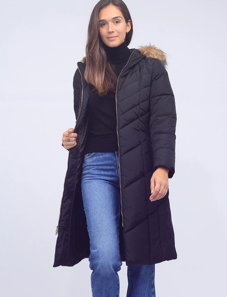 Down Zipper Front Hooded Jacket with Faux Fur Trim by Cole Haan