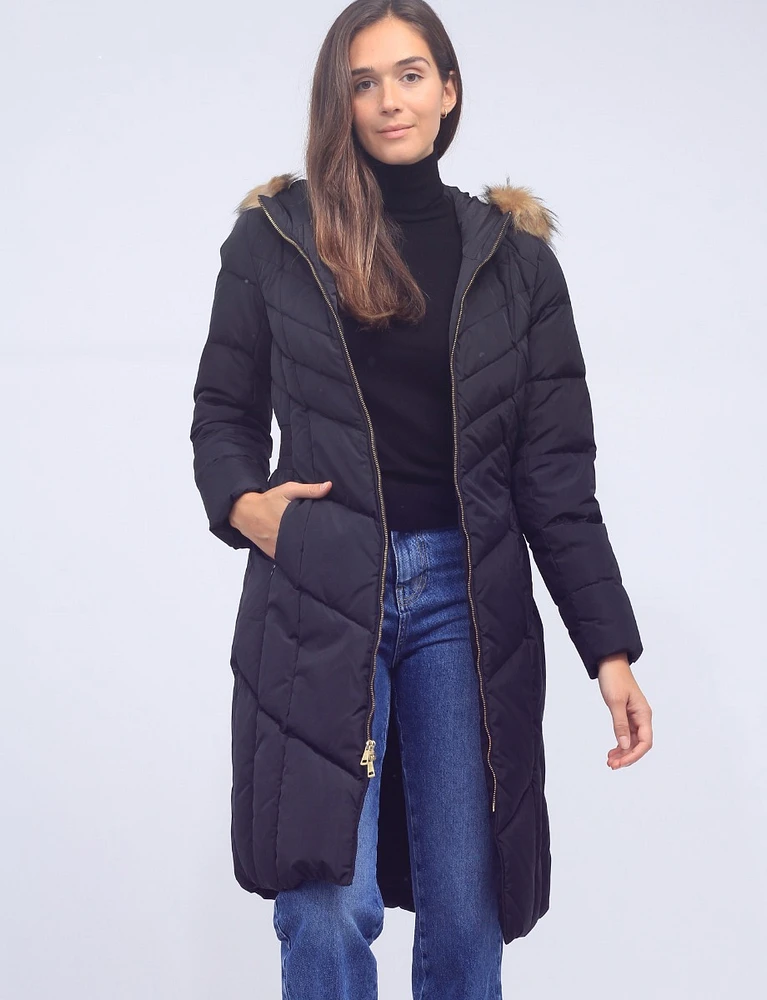 Down Zipper Front Hooded Jacket with Faux Fur Trim by Cole Haan