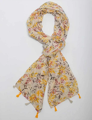 Lightweight Classic Multicolor Floral Flowy Oblong Scarf with Tassels