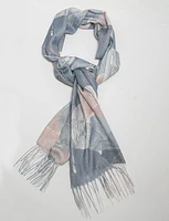 Lightweight Fringe Blue Gray Printed Oblong Scarf Shawl