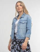 Light Wash Stretchy Denim Jacket with Patch Pockets by Baccini