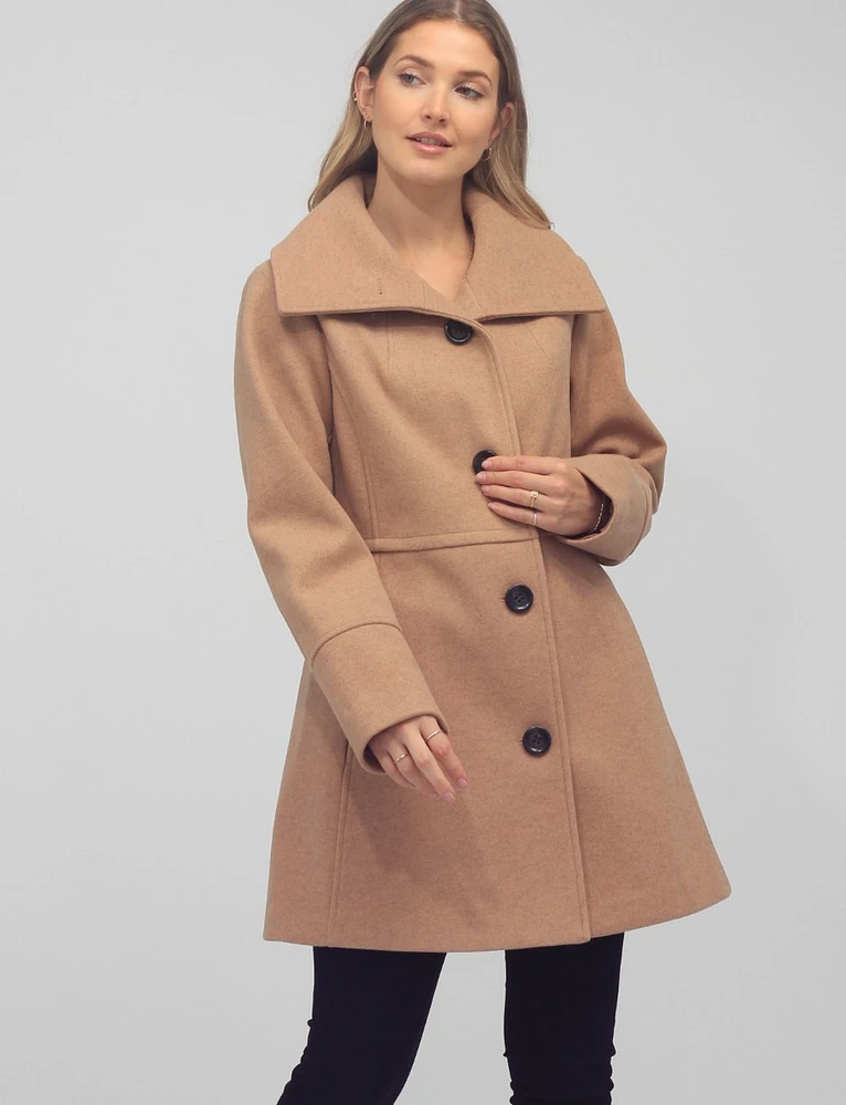 Vegan Big Collar Button Front Solid  Flare Coat by Details