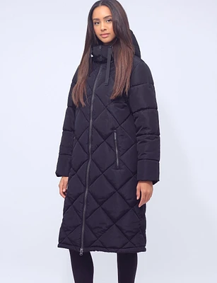 Chic Extra Long Diamond Quilted Coat with Detachable Hood by Etage