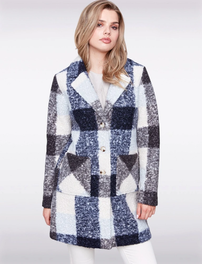 Ultra-Soft Mid-Length Plaid Bouclé Knit Notch Collar Vegan Coat by Charlie B.