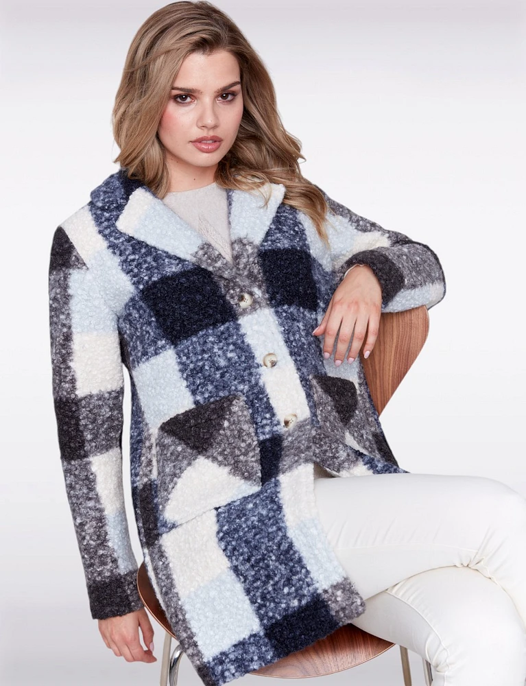 Ultra-Soft Mid-Length Plaid Bouclé Knit Notch Collar Vegan Coat by Charlie B.