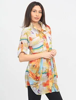 Orange and Yellow Print Three-quarter Sleeve Pleated Button Down Tunic by Lindi