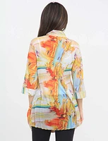 Orange and Yellow Print Three-quarter Sleeve Pleated Button Down Tunic by Lindi