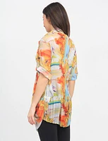 Orange and Yellow Print Three-quarter Sleeve Pleated Button Down Tunic by Lindi