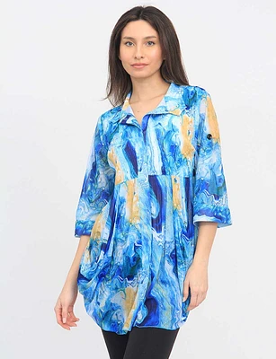Pleated Blue Abstract Print Button Down Tunic With 3/4 Sleeves by Lindi