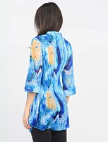 Pleated Blue Abstract Print Pleated Button Down Tunic With 3/4 Sleeves by Lindi