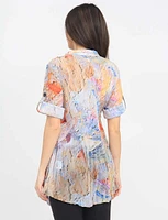 Multicolored Abstract Floral Print 3/4 Sleeve Pleated Button Down Tunic by Lindi