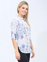 Abstract Floral Print Button-Front Blouse With Gathered Cuffs By Tango Mango