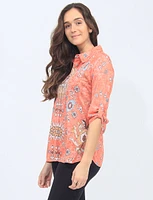 Printed Button-Front Short Blouse With Adjustable 3/4 Sleeves By Tango Mango