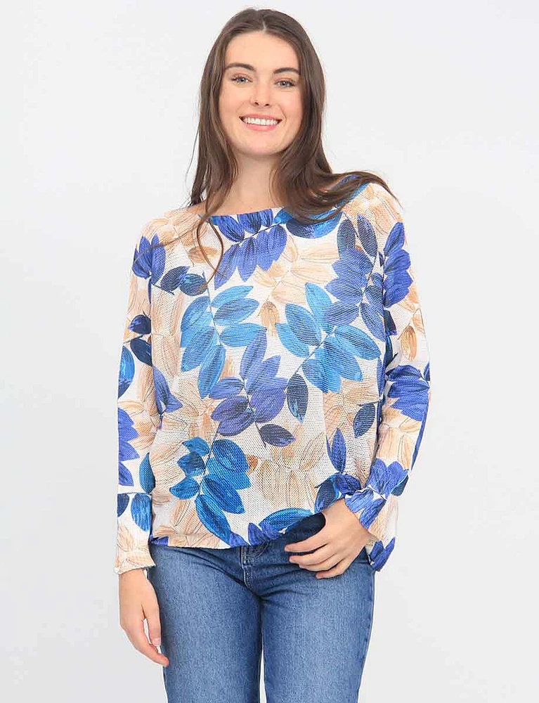 Long Dolman Sleeve Boat Neck Leaf Design Knit Top by Froccella