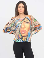 Face Print Long Dolman Sleeve Scoop V-Neck Knit Top by Froccella