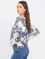 Long Dolman Sleeve Scoop V-Neck White and Blue Leaf Print Knit Top by Froccella