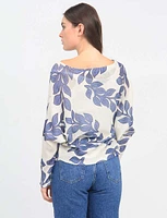 Long Dolman Sleeve Scoop V-Neck White and Blue Leaf Print Knit Top by Froccella