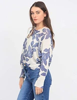 Long Dolman Sleeve Scoop V-Neck White and Blue Leaf Print Knit Top by Froccella