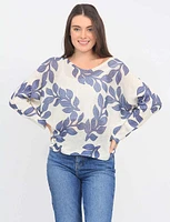 Long Dolman Sleeve Scoop V-Neck White and Blue Leaf Print Knit Top by Froccella