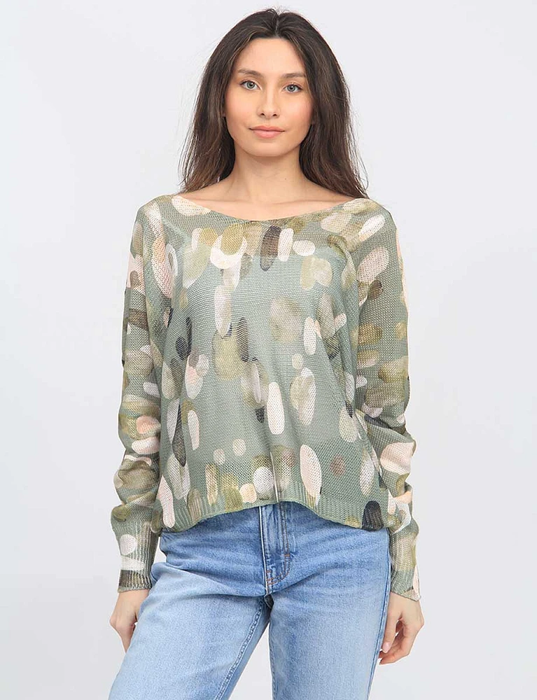 Abstract Circular Print Long Dolman Sleeve Scoop V-Neck Knit Top by Froccella