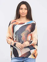 Abstract Face Print Long Dolman Sleeve Boat Neck Knit Top by Froccella