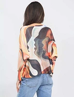 Abstract Face Print Long Dolman Sleeve Boat Neck Knit Top by Froccella