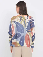 Abstract Floral Print Long Dolman Sleeve Boat Neck Knit Top by Froccella