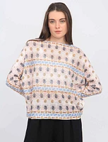 Beige Print Long Dolman Sleeve Boat Neck Knit Top by Froccella