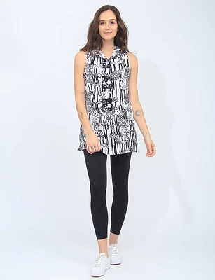 Black and White Abstract Print Ruffle Neck Sleeveless Button Blouse by Adore