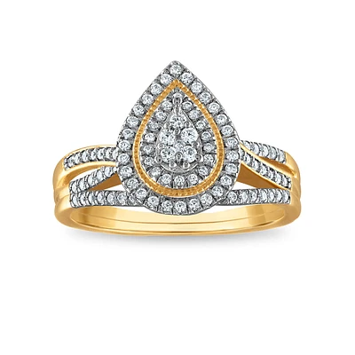 3/8 CTW Diamond Halo Cluster Pear Shaped Bridal Set in 10KT Yellow Gold