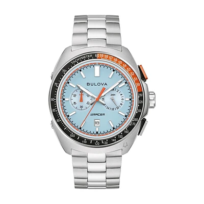 Bulova Racer Chronograph with 42MM Light Blue Dial and Stainless Steel Watch Band. 98B432