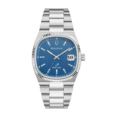 Bulova Super Seville with 38MM Blue Cushion Shaped Dial and Stainless Steel Band. 96B440