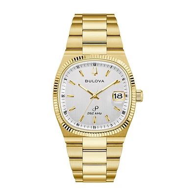 Bulova Super Seville with 38MM Silver-White Cushion Shaped Dial and Goldtone Stainless Steel Band. 97B223