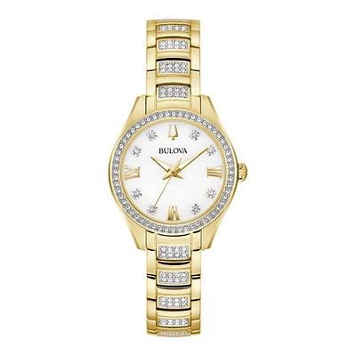 Bulova Crystal Collection Watch with 28MM Goldtone Stainless Steel Bracelet. 98L306