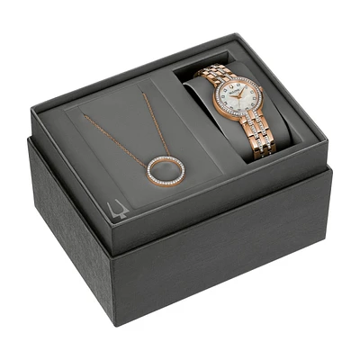 Bulova Crystal Box Set with 30MM Mother of Pearl Dial in Rosetone Stainless Steel. 98X135