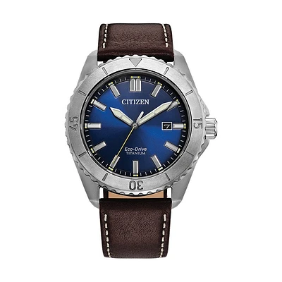 Citizen Brycen Super Titanium Watch with 41MM Blue Dial and Brown Leather Strap. AW1840-09L