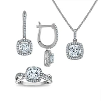 Cushion Shaped Sapphire Halo Jewelry Set in Sterling Silver